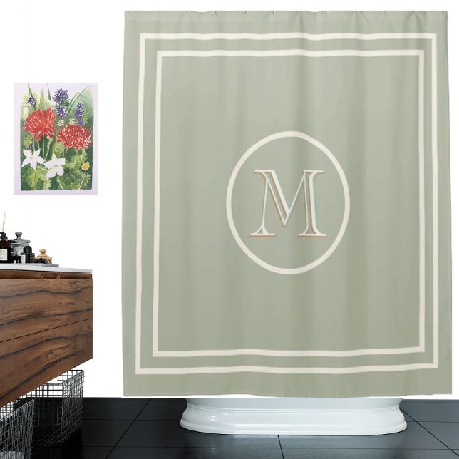 Serene Elegant Contemporary Green  Unique Monogram Shower Curtain (Creator Uploaded)