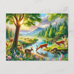 Serene Enchanted Forest with animals Painting Postcard