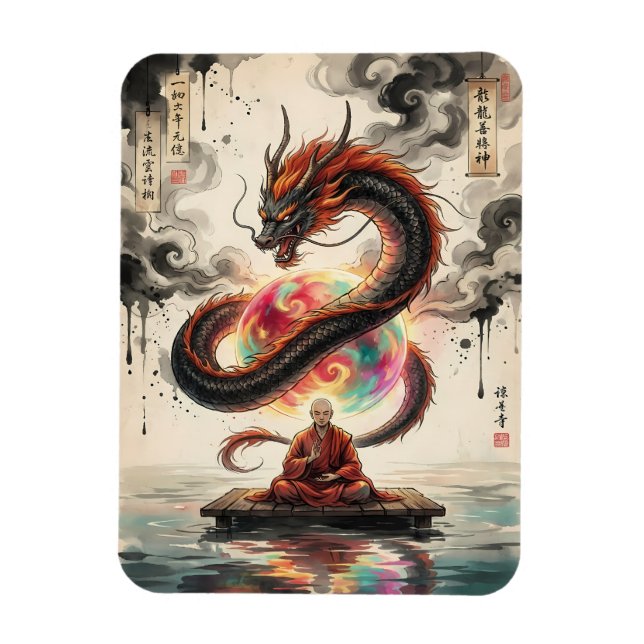 Serene Encounter: Monk and the Celestial Dragon Magnet (Vertical)