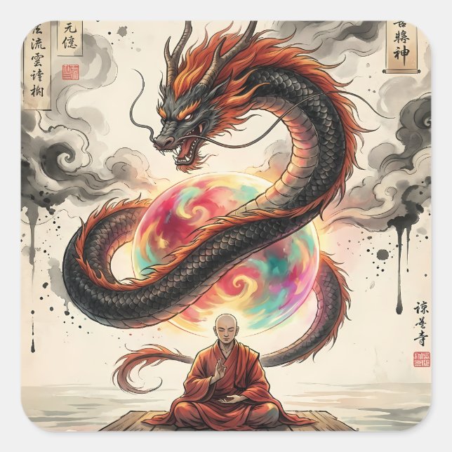 Serene Encounter: Monk and the Celestial Dragon Square Sticker (Front)