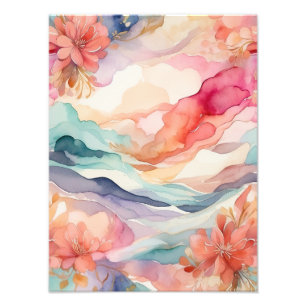 Serene Escape: Watercolor Mountains and Wildflower Photo Print