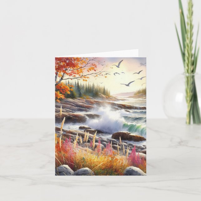 Serene Fall Watercolor Coastal Seascape Blank Note Card (Front)