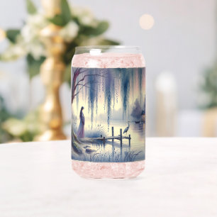 Serene Fantasy Lake with Willow and Heron Can Glass