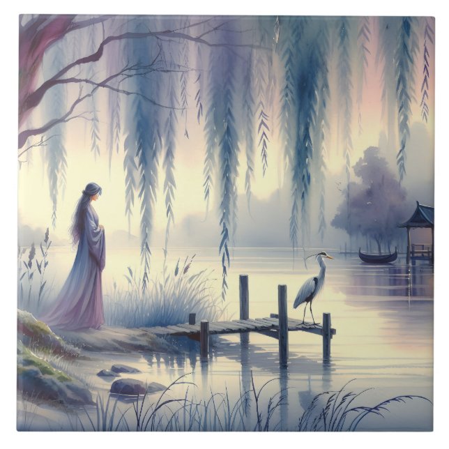 Serene Fantasy Lake with Willow and Heron Ceramic Tile (Front)