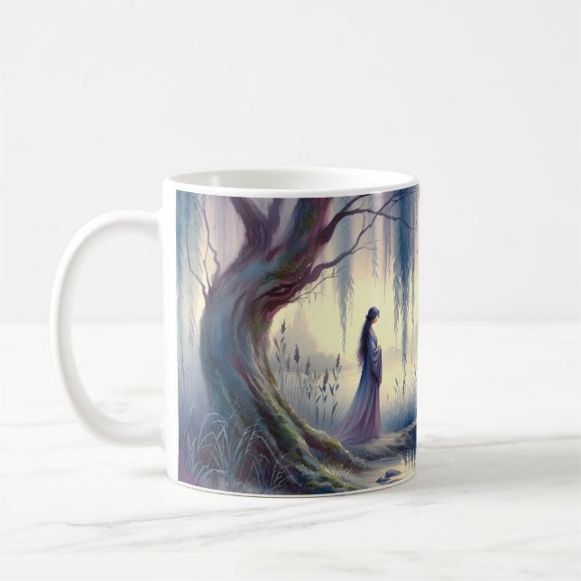 Serene Fantasy Lake with Willow and Heron Coffee Mug (Left)