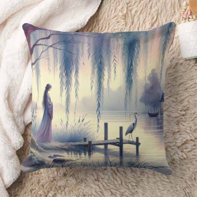 Serene Fantasy Lake with Willow and Heron Cushion (Blanket)