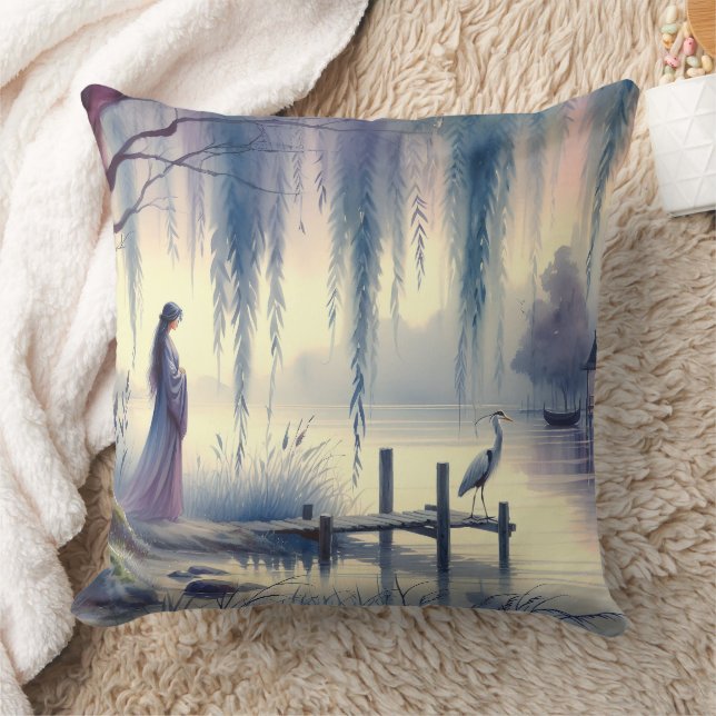 Serene Fantasy Lake with Willow and Heron Cushion (Blanket)