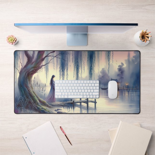 Serene Fantasy Lake with Willow and Heron Desk Mat (Office 1)
