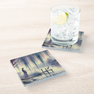 Serene Fantasy Lake with Willow and Heron Glass Coaster