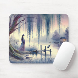 Serene Fantasy Lake with Willow and Heron Mouse Pad