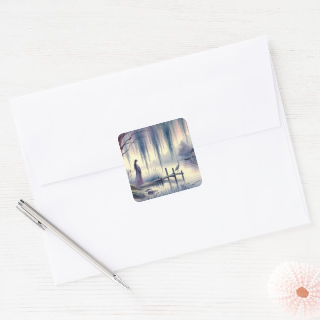 Serene Fantasy Lake with Willow and Heron Square Sticker (Envelope)