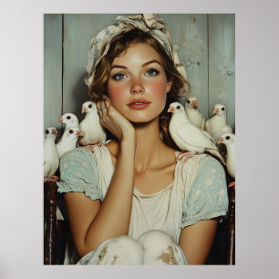 Serene Farm Maiden White Doves – Symbol of Peace Poster