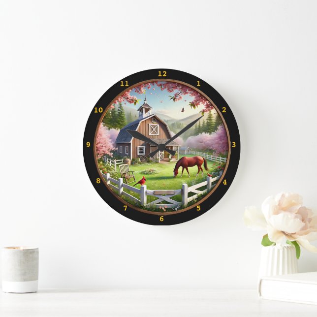 Serene Farmhouse Spring Landscape Large Clock (Home)