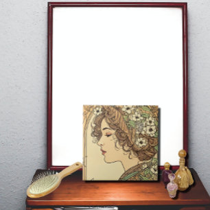 Serene Female Profile with Spring Flowers Ceramic Tile