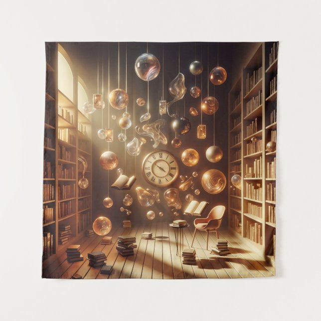 Serene Floating Library with Surreal Elements Tapestry (Front)