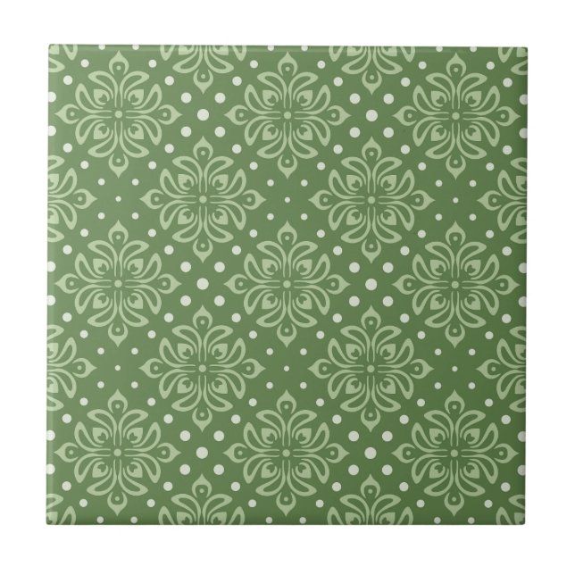 Serene Floral Pattern on Green Background Ceramic Tile (Front)