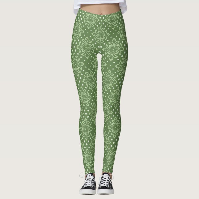 Serene Floral Pattern on Green Background Leggings (Front)