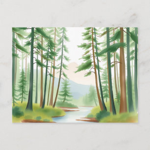 Serene Forest Landscape in Watercolor Postcard