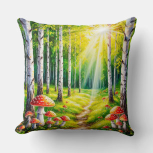 Serene Forest Pathway With Sunlit Birch Trees Cushion