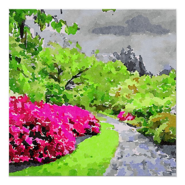 Serene garden path with vibrant pink flowers  poster (Front)