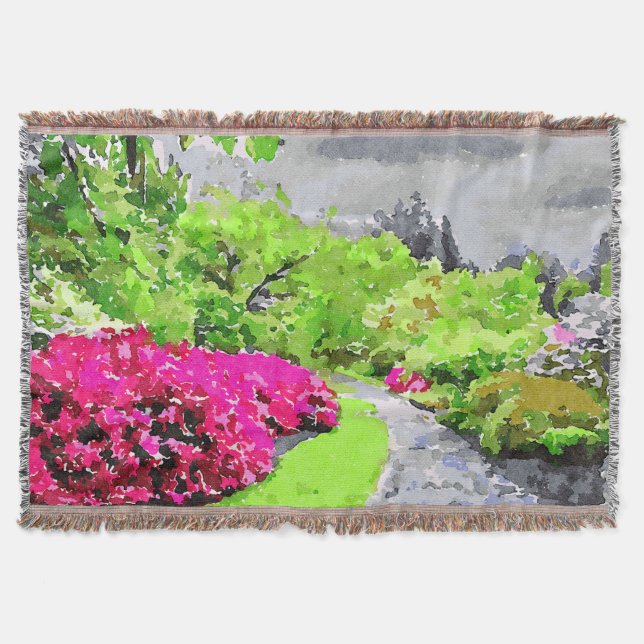 Serene garden path with vibrant pink flowers throw blanket (Front)