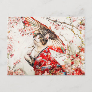 Serene Geisha Cat in Red Kimono and Cherry Blossom Postcard