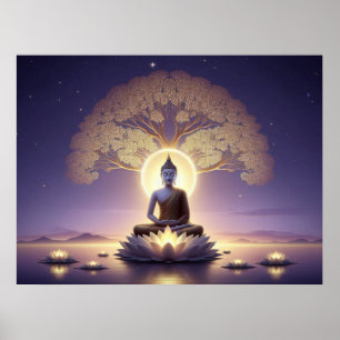 Serene Golden Artwork Buddha In Tranquil Aura Poster