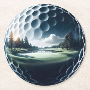 Serene Golf Course Reflected in Golf Ball Round Paper Coaster