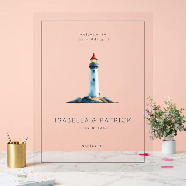 Serene Gray Watercolor Lighthouse Acrylic Sign (Wedding)