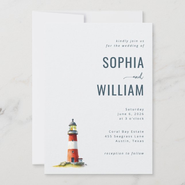 Serene Gray Watercolor Lighthouse Invitation (Front)
