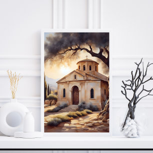 Serene Greek Church Landscape Religious Poster