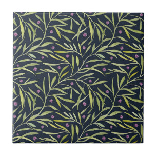 Serene Green Leafy Vines with Pink Flowers Ceramic Tile