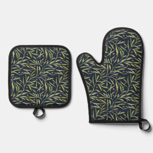 Serene Green Leafy Vines with Pink Flowers Oven Mitt & Pot Holder Set