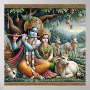 Serene Green Ornate Radha Krishna Venugopal Flute  Poster