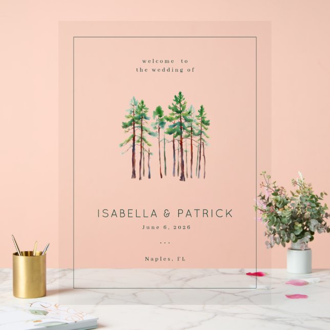 Serene Green Pine Trees Acrylic Sign (Wedding)