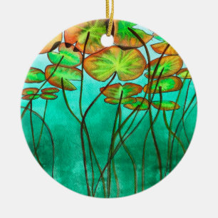 serene green pond with lilypads ceramic ornament