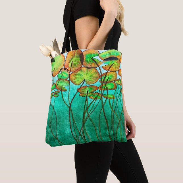 serene green pond with lilypads tote bag (Close Up)