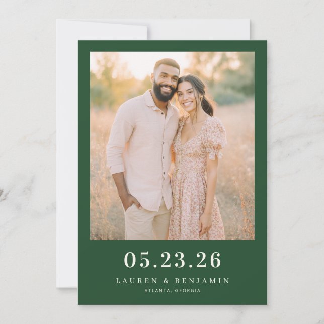 Serene Green Rustic Photo Save The Date (Front)