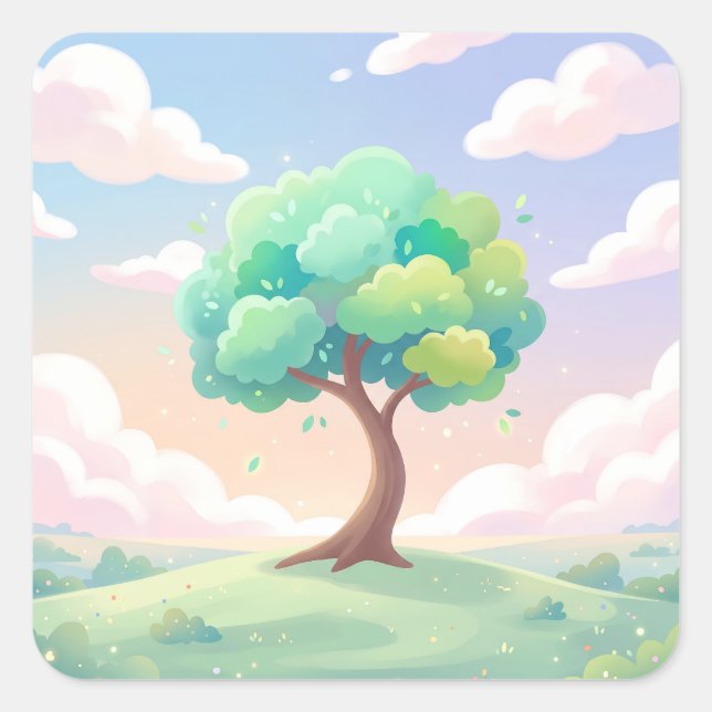Serene Green Tree and Pastel Clouds Square Sticker (Front)