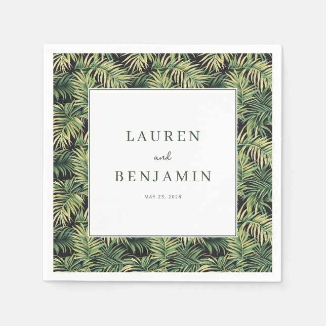 Serene Green Tropical Leaf Border Napkin (Front)