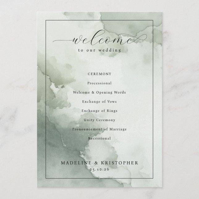 Serene Green Watercolor Wedding Ceremony Schedule Program (Front)