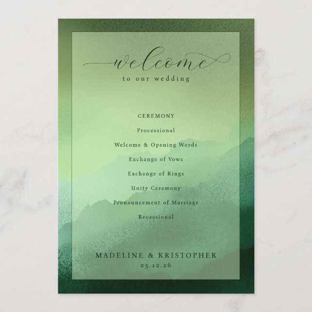 Serene Green Wedding Ceremony Program (Front)