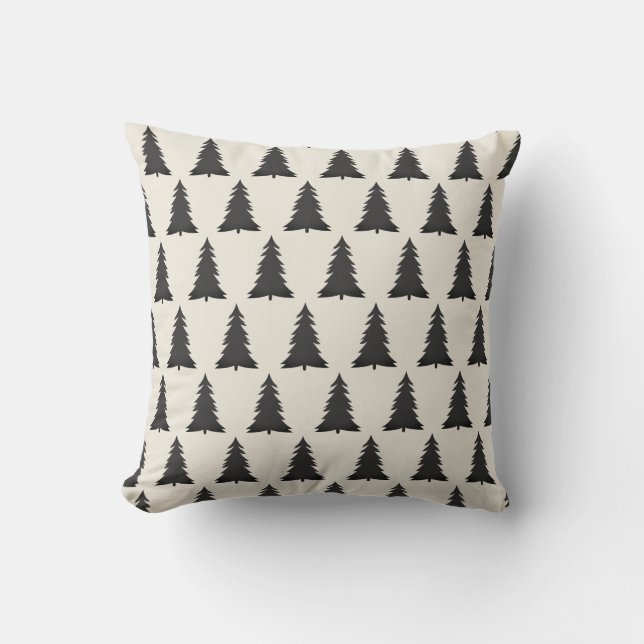 Serene Grey and Cream Winter Tree Pattern Cushion (Front)