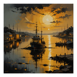 serene harbor at sunset poster