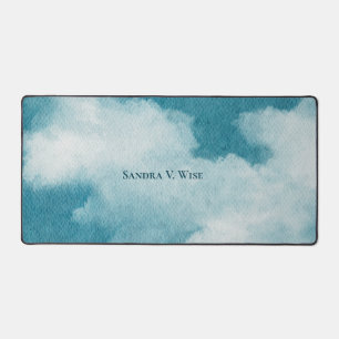 Serene Horizon Dreams Watercolor Blue & White Desk Mat