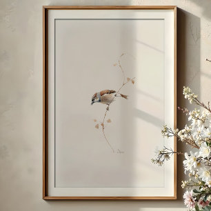 Serene House Sparrow Watercolor Art Poster