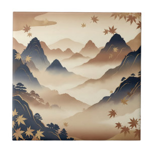 Serene Japanese Autumn Mountain Landscape Ceramic Tile
