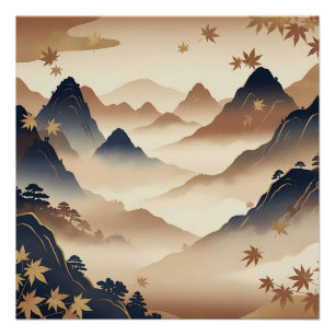 Serene Japanese Autumn Mountain Landscape Poster