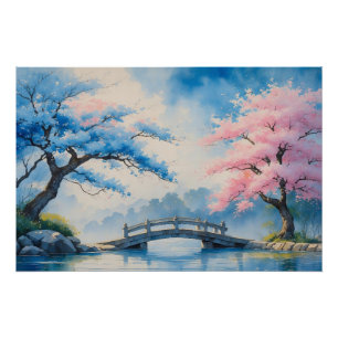 Serene Japanese Bridge with Cherry Blossoms Painti Poster