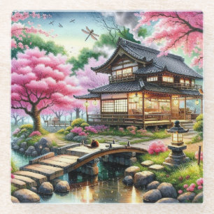 Serene Japanese Garden at Dusk Painting Glass Coaster